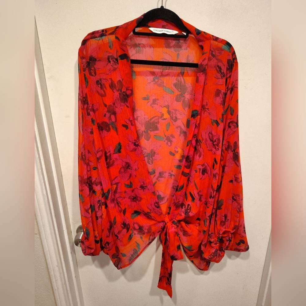 Colleen Lopez Red Floral Chiffon Tie Front Batwing Sleeve Cardigan Jacket 2X